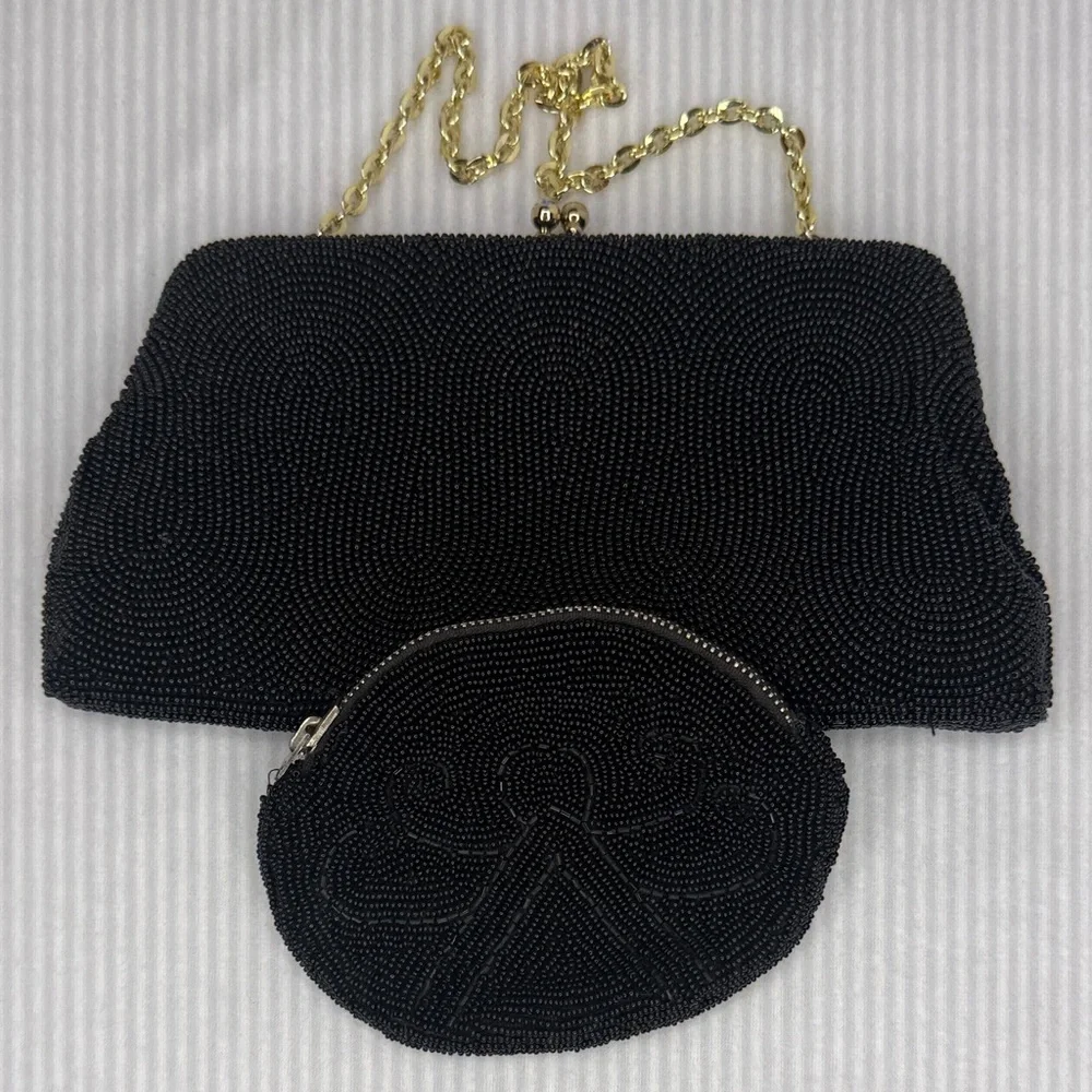 Vintage Black Beaded Kisslock Clutch Handbag and Coin Purse Set Made in Japan